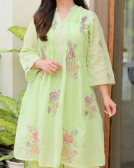 Pastel Green Embroidered A-Line Kurta and Pant Set