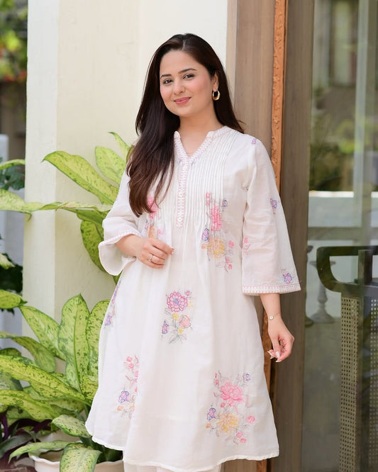Off White Embroidered A-Line Kurta and Pant Set
