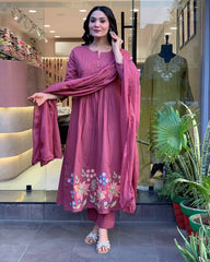 Pink Cotton Embroidery Kurta Pant with Mulmul Dupatta Set
