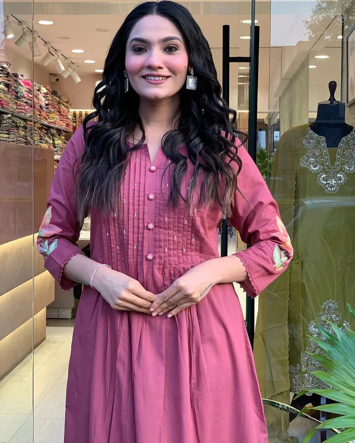 Pink Cotton Embroidery Kurta Pant with Mulmul Dupatta Set