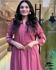 Pink Cotton Embroidery Kurta Pant with Mulmul Dupatta Set