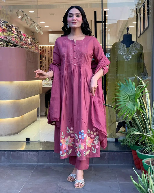 Pink Cotton Embroidery Kurta Pant with Mulmul Dupatta Set