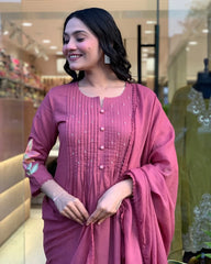 Pink Cotton Embroidery Kurta Pant with Mulmul Dupatta Set