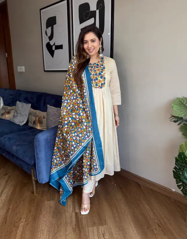 Elegant Beige Anarkali Suit with Floral Printed Dupatta