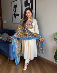 Elegant Beige Anarkali Suit with Floral Printed Dupatta