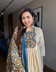 Elegant Beige Anarkali Suit with Floral Printed Dupatta