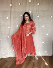 Traditional Red Bandhani Kurta Set for Women