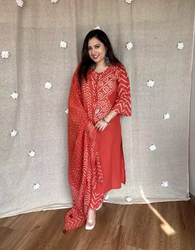 Traditional Red Bandhani Kurta Set for Women